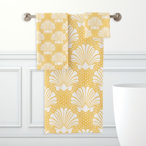 Yellow &Amp;Amp; White Seashell Bath Towel Set