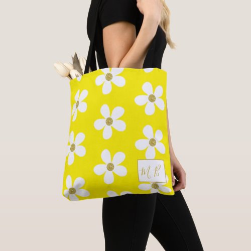 Yellow White Simple Daisy Gold Monogram Tote Bag