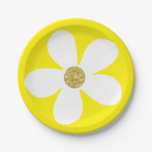 Yellow White Simple Daisy Gold Paper Plates