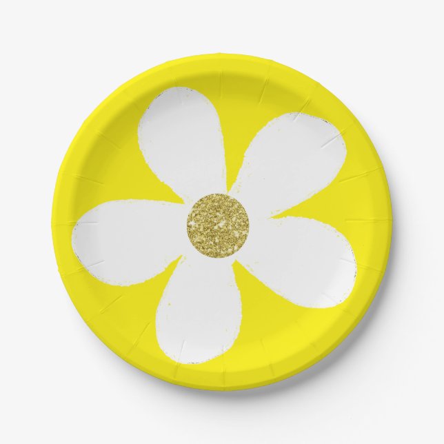 Yellow  White Simple Daisy Gold Paper Plates (Front)