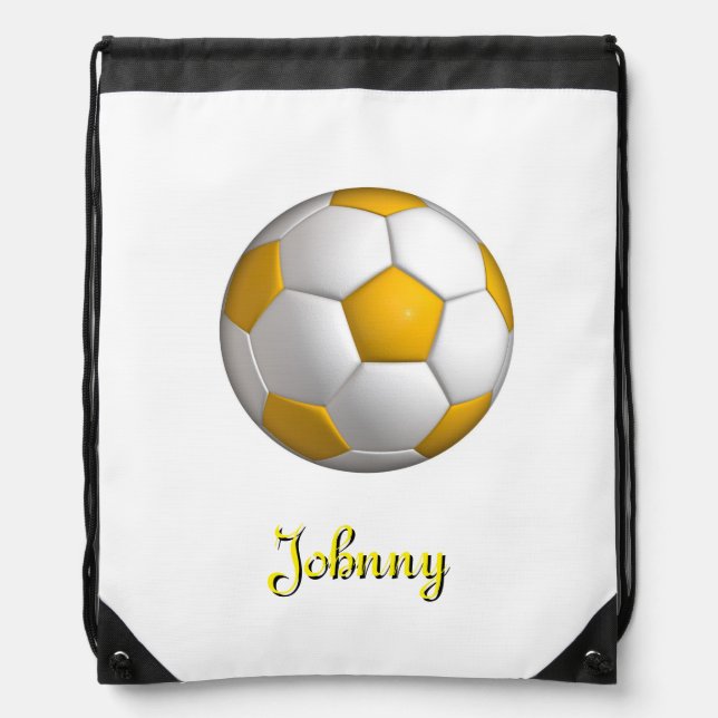 Yellow & White Soccer Football Personalized Drawstring Bag (Front)