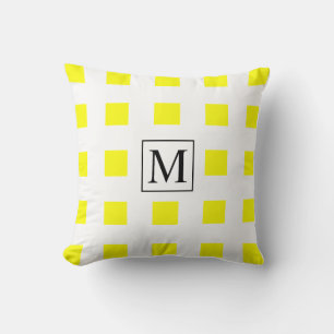 Yellow White Squares Patterns Monogram Initials Throw Pillow