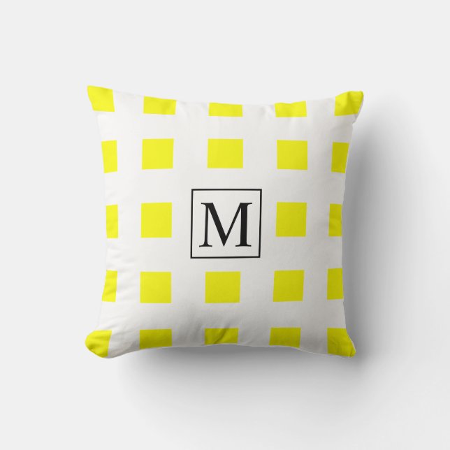 Yellow White Squares Patterns Monogram Initials Throw Pillow (Front)