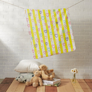Yellow & White Stripe Baby Blanket Colorful Hearts