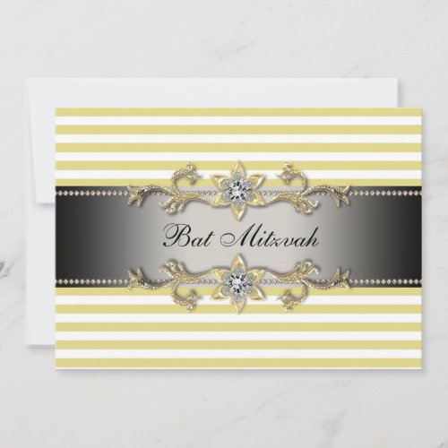 Yellow White Stripe Bat Mitzvah Personalized Invite