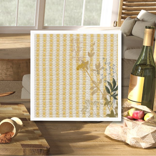 Yellow White Stripe Floral Gingham Plaid Farmhouse Napkins (Creator Uploaded)