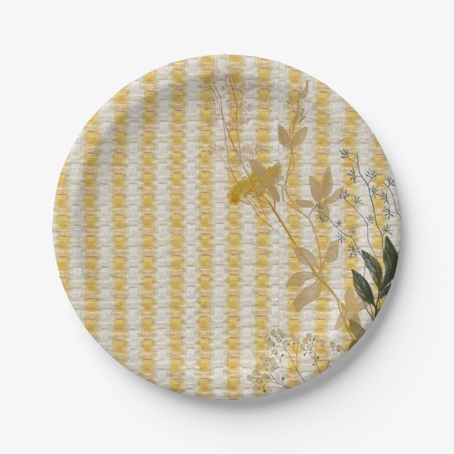 Yellow White Stripe Floral Gingham Plaid Farmhouse Paper Plates (Front)