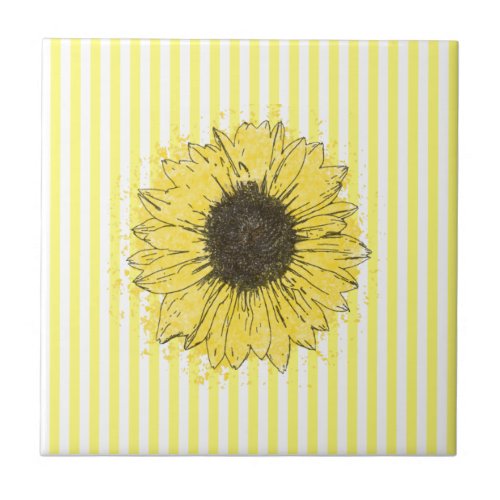 Yellow  White Stripes and Sunflower Personalized Ceramic Tile