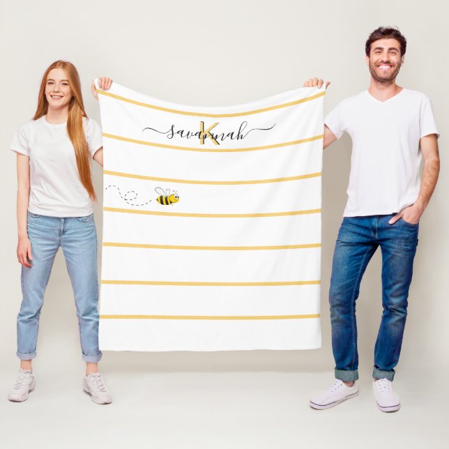 Yellow white stripes bee monogram script fleece blanket (In Situ)