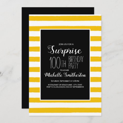 Yellow White Stripes Black 100th Birthday  Invitation