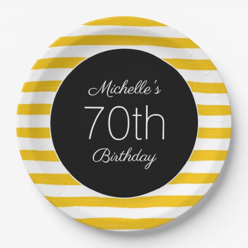 Yellow White Stripes Black 70th Birthday  Paper Plates