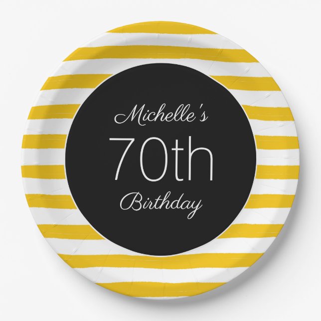 Yellow White Stripes Black 70th Birthday  Paper Plates (Front)