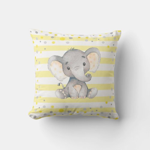 Yellow White Stripes Elephant Baby Shower Nursery Throw Pillow