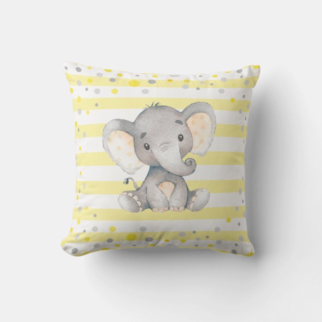Yellow White Stripes Elephant Baby Shower Nursery Throw Pillow (Front)