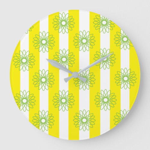 Yellow White Stripes Floral Large Clock