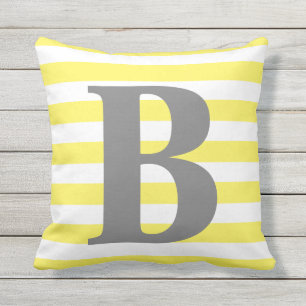 Yellow White Stripes Monogram Initial Square Outdoor Pillow