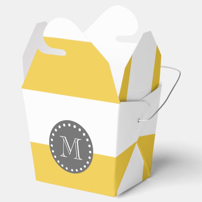 Yellow White Stripes Pattern, Charcoal Monogram Favor Boxes (Opened)