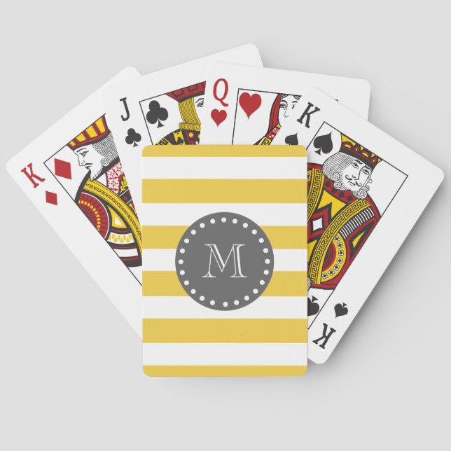 Yellow White Stripes Pattern, Charcoal Monogram Poker Cards (Back)