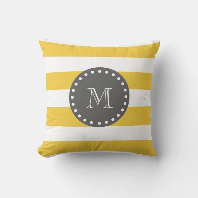 Yellow White Stripes Pattern, Charcoal Monogram Throw Pillow (Front)