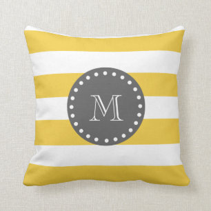 Yellow White Stripes Pattern, Charcoal Monogram Throw Pillow