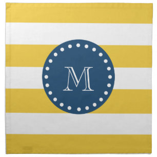 Yellow White Stripes Pattern, Navy Blue Monogram Napkin