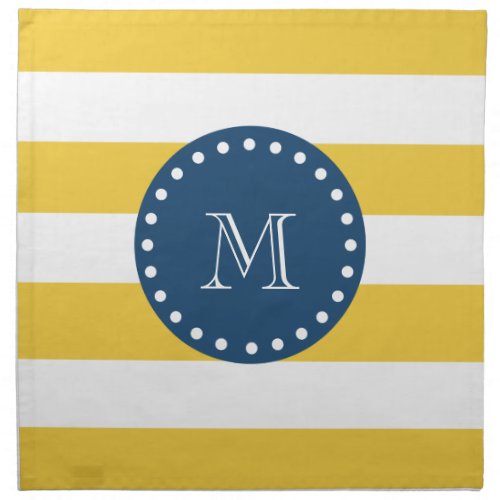 Yellow White Stripes Pattern Navy Blue Monogram Napkin