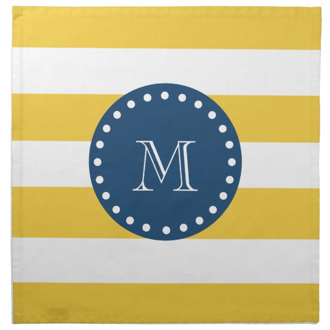 Yellow White Stripes Pattern, Navy Blue Monogram Napkin (Front)