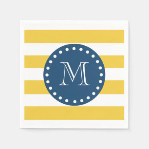 Yellow White Stripes Pattern, Navy Blue Monogram Paper Napkins