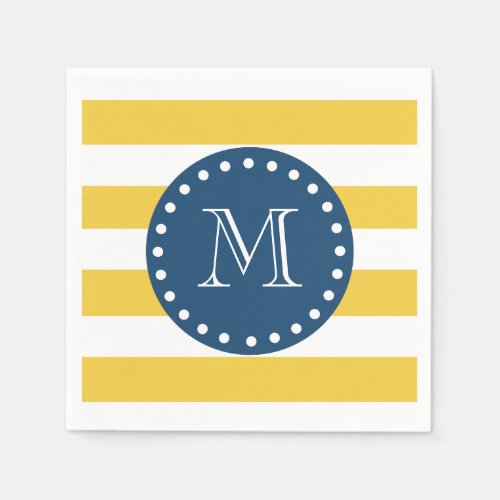 Yellow White Stripes Pattern Navy Blue Monogram Paper Napkins