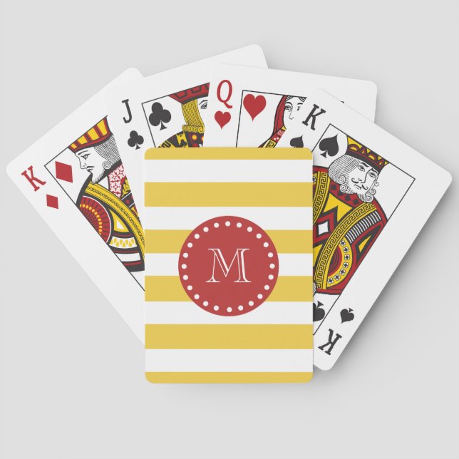 Yellow White Stripes Pattern, Red Monogram Poker Cards (Back)