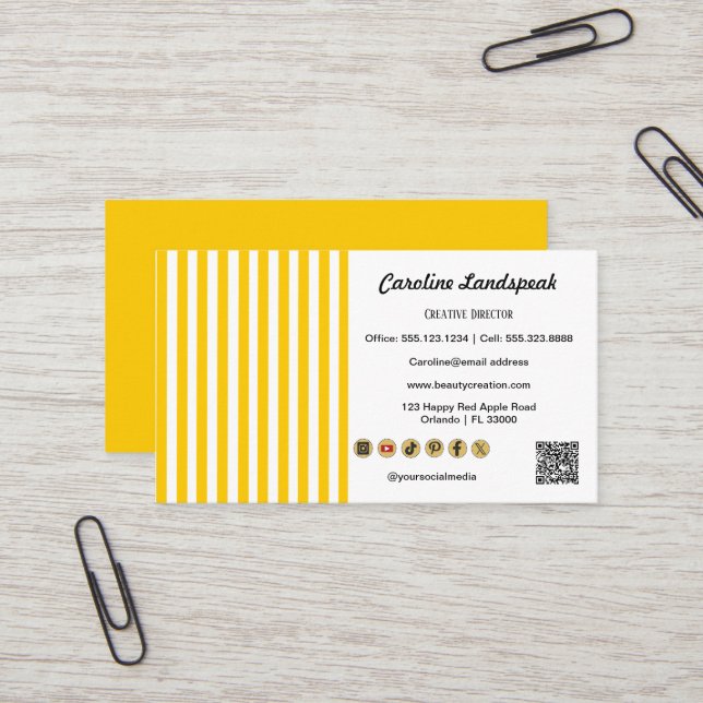 Yellow White Stripes, QR Code & Social Media Icons Business Card (Front/Back In Situ)