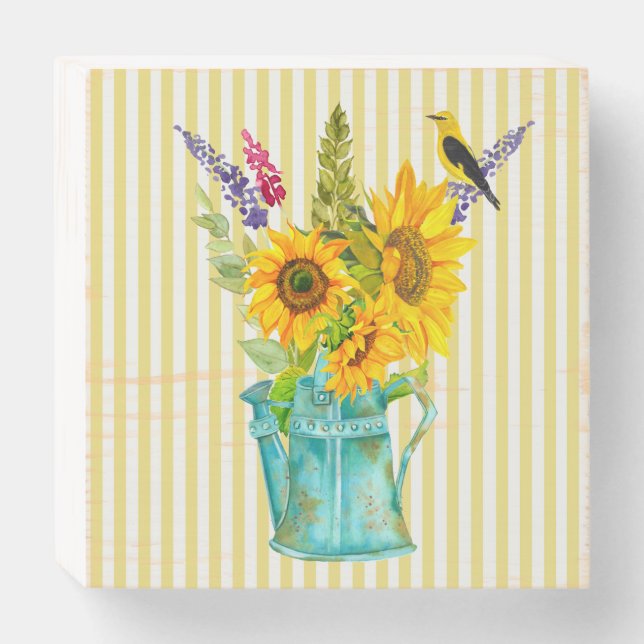 Yellow White Stripes Sunflowers in Watering Can Wooden Box Sign (Front Horizontal)