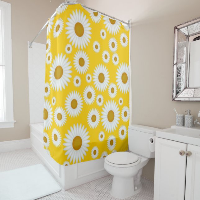 yellow white sunshine daisy pattern shower curtain (In Situ)