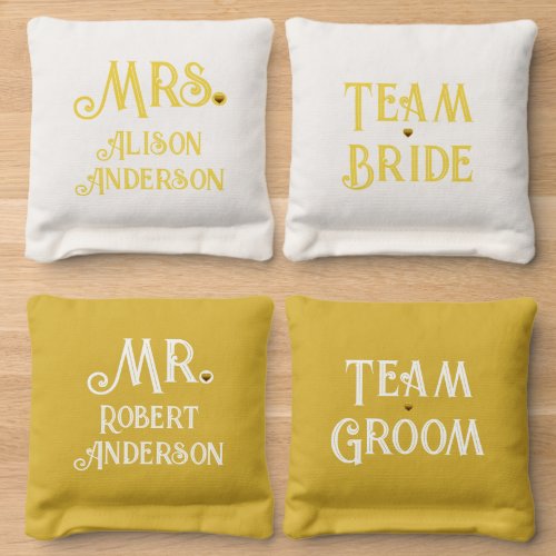 Yellow white team bride team groom Mr Mrs wedding Cornhole Bags