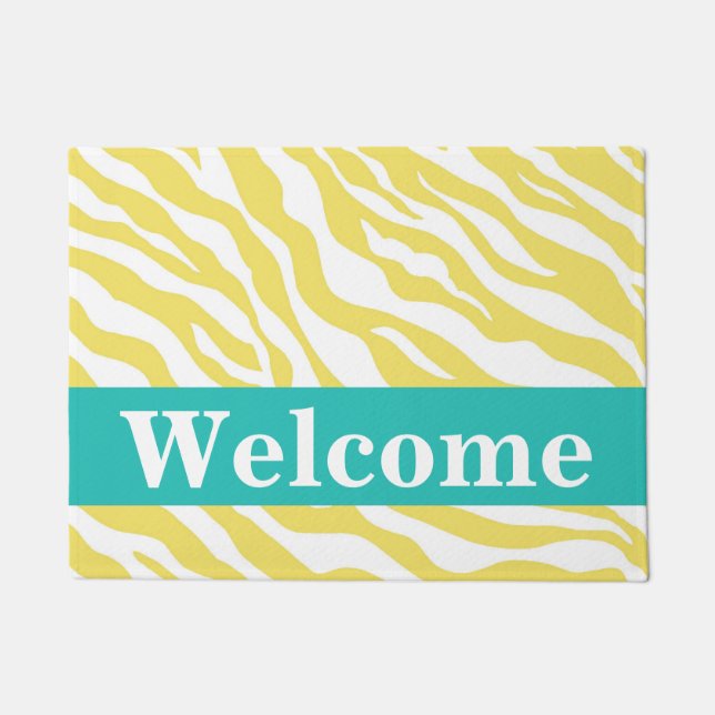 Yellow White Turquoise Zebra Skin Pattern Welcome Doormat (Front)