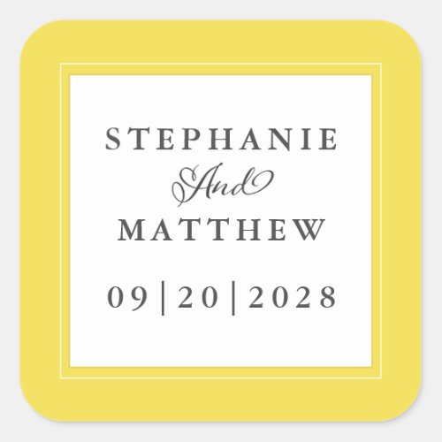 Yellow White Wedding Elegant Calligraphy Modern Square Sticker