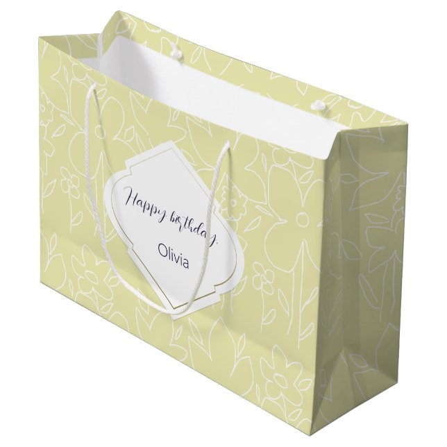 Yellow White Wildflowers Pattern Monogrammed Large Gift Bag (Front Angled)