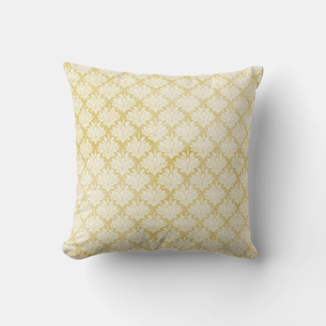 Yellow white worn damask pattern pillow (Front)