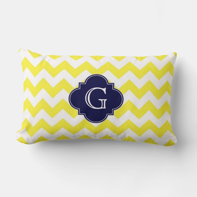 Yellow Wht Chevron Navy Blue Quatrefoil Monogram Lumbar Pillow (Front)