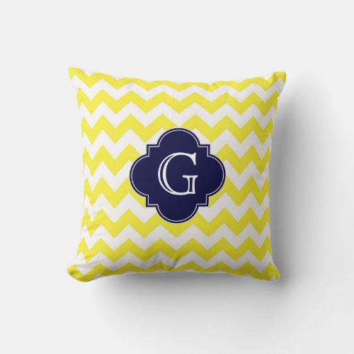 Yellow Wht Chevron Navy Blue Quatrefoil Monogram Throw Pillow