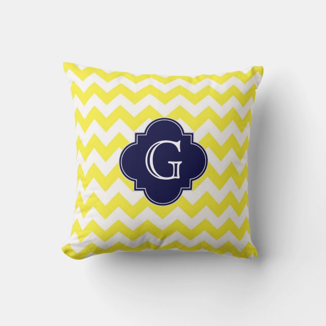 Yellow Wht Chevron Navy Blue Quatrefoil Monogram Throw Pillow (Front)