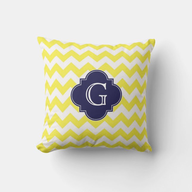Yellow Wht Chevron Navy Blue Quatrefoil Monogram Throw Pillow (Front)
