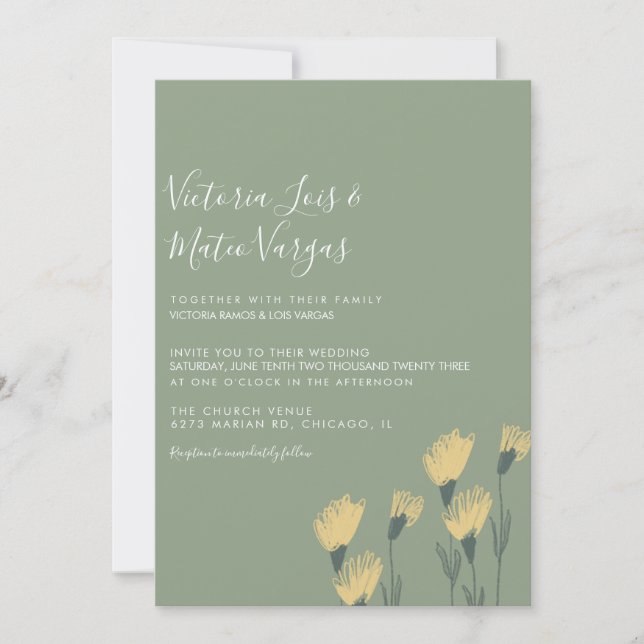 Yellow Wild Flower Floral Greenery Wedding Sage Invitation (Front)