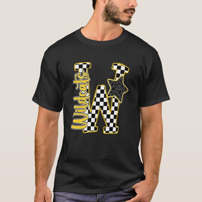 Yellow Wildcats Checkered Print Star Leopard Schoo T-Shirt (Front)