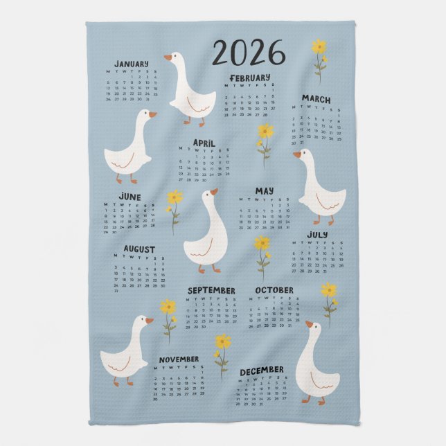 Yellow Wildflower and Goose 2026 Calendar - Blue Kitchen Towel (Vertical)