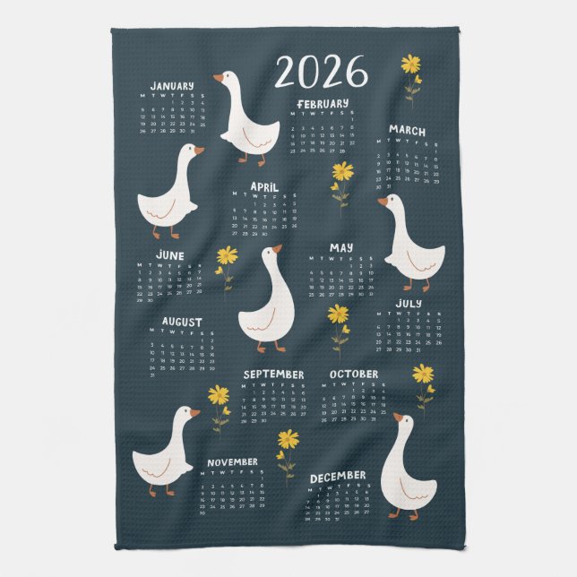 Yellow Wildflower and Goose 2026 Calendar - Navy Kitchen Towel (Vertical)