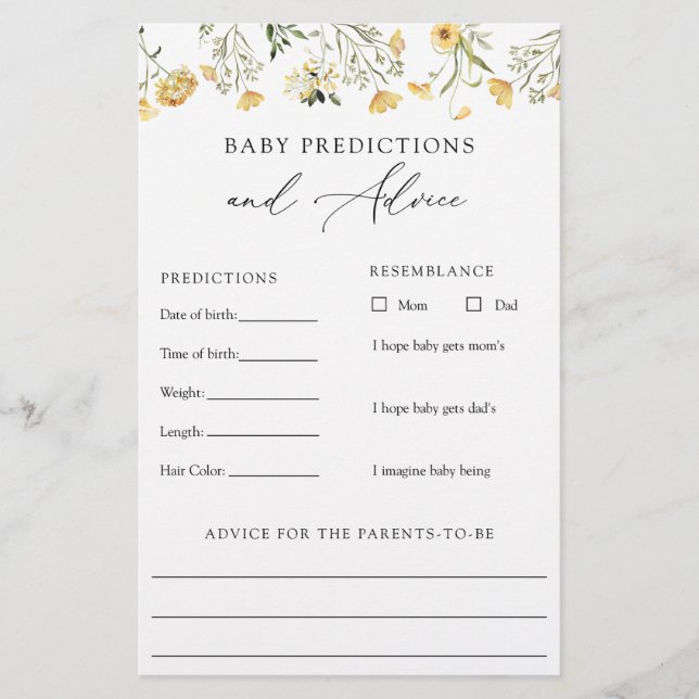 Yellow Wildflower Baby Advice and Predictions Card (Front)