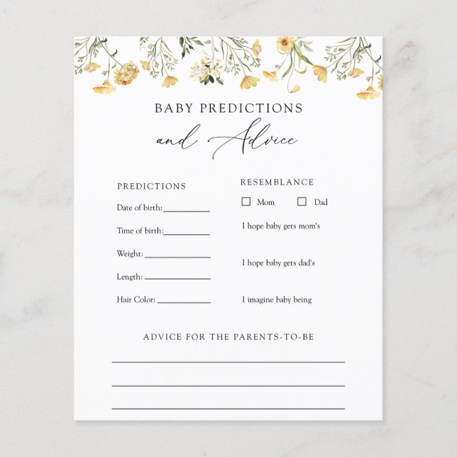 Yellow Wildflower Baby Advice and Predictions Card Flyer (Front)
