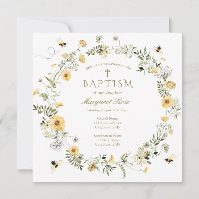 Yellow Wildflower Baptism Invitation (Front)