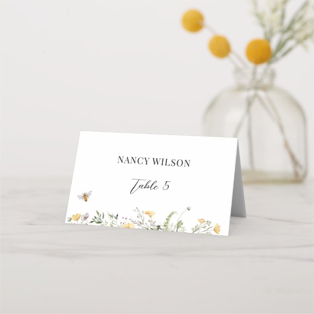 Yellow Wildflower Bee Bridal Shower Place Card (Front)